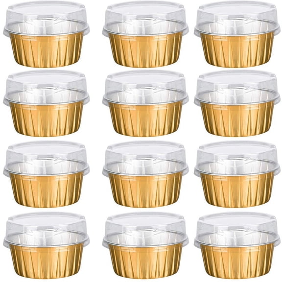 Dessert Cups with Lids, 50 Pack Gold Aluminum Foil Baking Cups Holders, Cupcake Bake Utility Ramekin Clear Pudding Cups