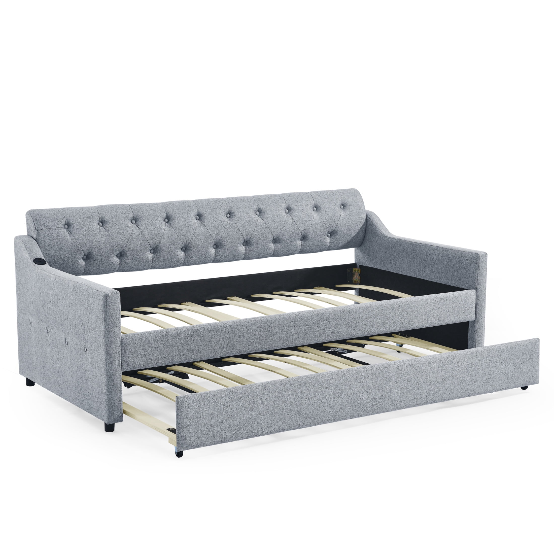 Noble House Carola Twin Size Linen Upholstery Daybed, Mid-Century Tufted Sofa Bed with Trundle and Charging Port, Gray