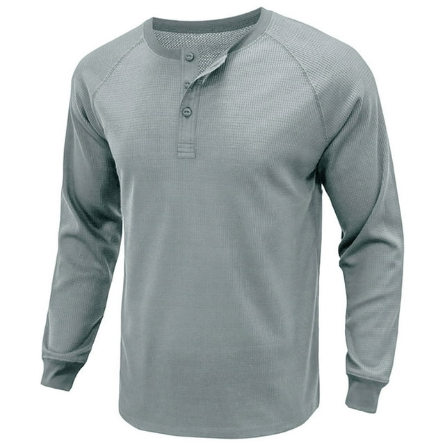 pstuiky Camisas de invierno de manga larga para hombre, Suéter deportivo informal de color liso con cuello redondo y botones para hombre, blusa de manga larga con cuello redondo xl