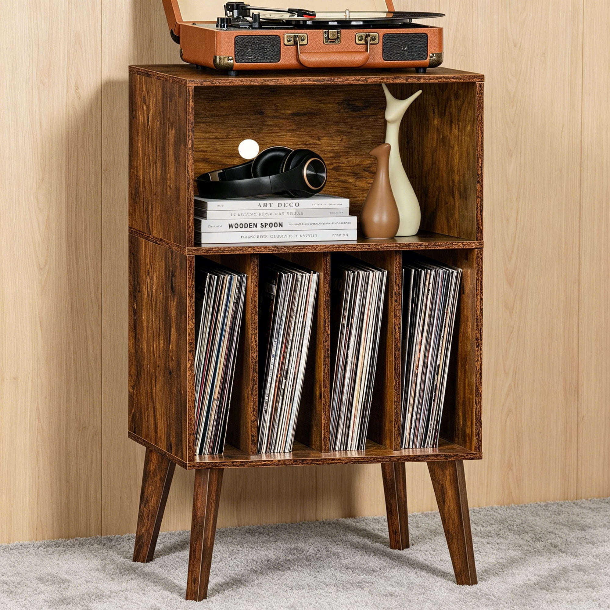 Joaxswe Record Player Stand with Vinyl Storage, Brown Record Storage Cabinet Holds up to 160 Albums , Mid-Century Turntable Stand for Living Room