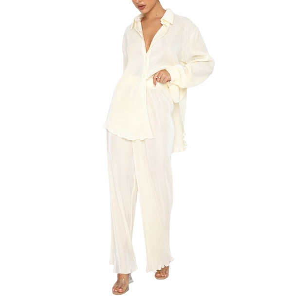 VISgogo Traje Casual para Mujer, Camisa de Solapa con Botones de Color Sólido de Manga Larga + Pantalones Largos de Pierna Ancha VISgogo moda
