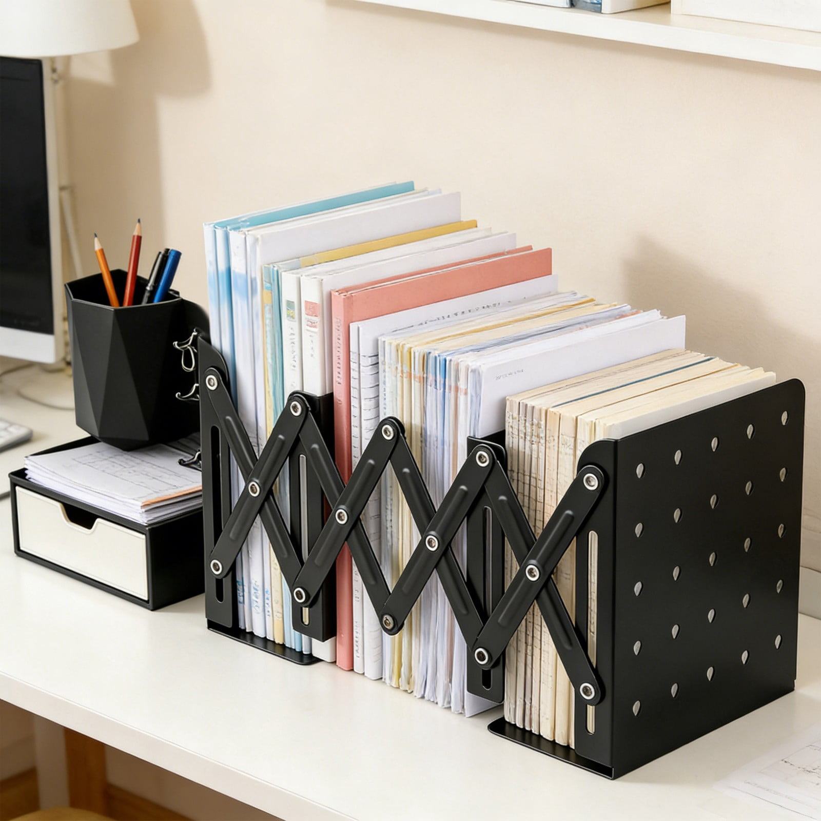 Specollect 1 Pcs Adjustable Desktop Organizer Stand with Storage Box Pen Holder Hooks for Office Supplies Home Study Desk Accessories Multifunctional Rack