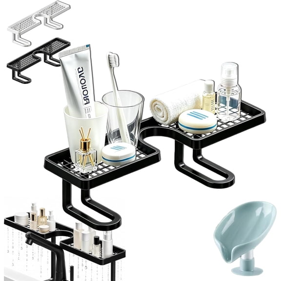 Behind Faucet Sink Organizer Shelf, Over The Sink Bathroom Organizer, U-Shaped No-Drill Faucet Storage Rack, Space-Saving Countertop Organizer for Kitchen Bathroom, Black