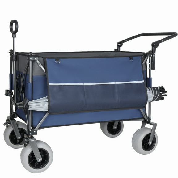 Lisonu Folding Wagon Cart with 9" Big Beach Wheels, 480 lbs Heavy-Duty Utility Cart with Push Pull Handle, Steel Frame, 300L XL Capacity for Camping, Groceries, Blue/Grey