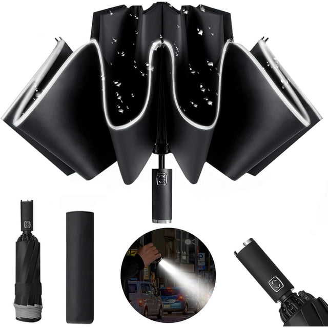 Paraguas Plegable Inverso Automático - Sombrilla para Lluvia con LED Reforzado Anti-viento, con 10 Varillas, Tiras Reflectantes, de Viaje