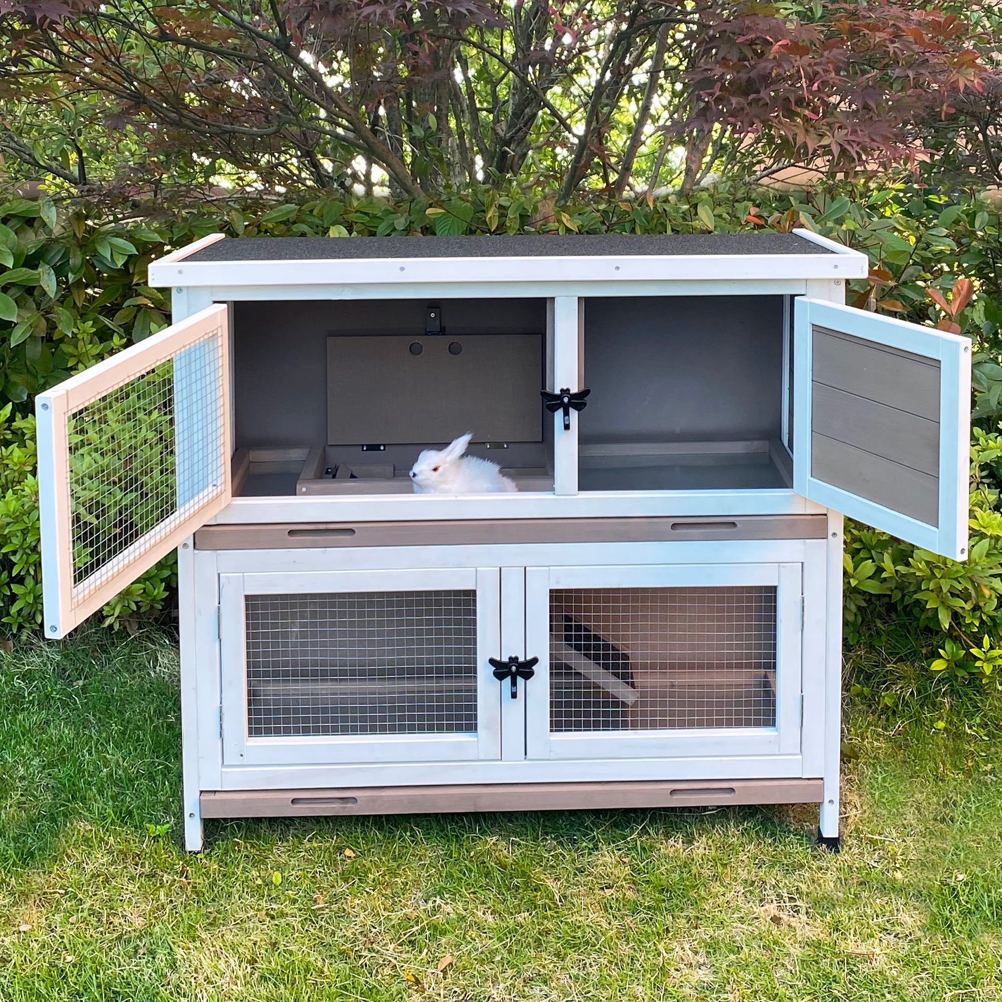 Pefilos 36" Solid Wooden Rabbit Hutches with Easy Clear Tray Wheels 2-Layer Rabbit Cages for Outdoor Hen House Open-able Roof, Brown Pefilos 36" Solid Wooden Rabbit Hutches with Easy Clear Tray Wheels 2-Layer Rabbit Cages for Outdoor Hen House Open-able Roof, Brown