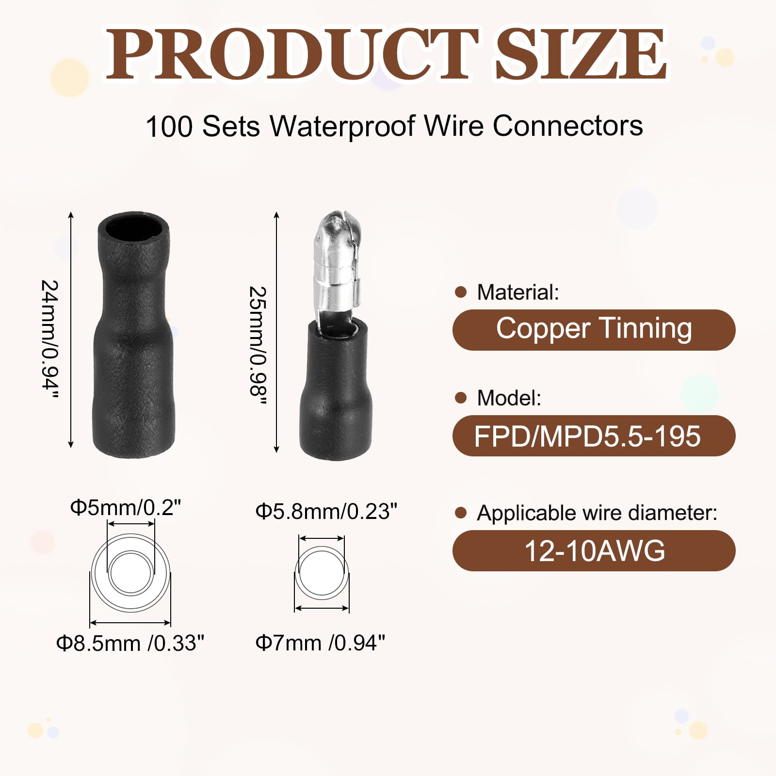 100 Set Heat Shrink Butt Connectors, 12-10AWG Insulated Waterproof Wires Connectors Black Male and Female Wire Crimp Terminals for Industrial, Automotive, Boat Stereo