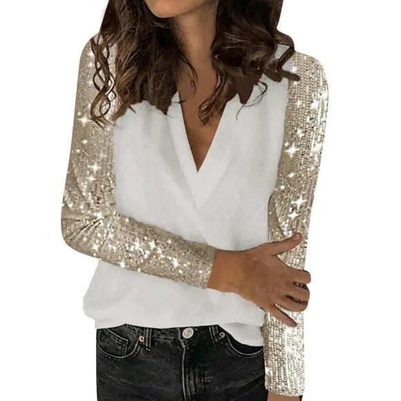My Items Shirts for Women Women's Long Sleeve Shirts Women's Sequin Stitched Long Sleeved Blouse with Loose V Neck Pullover M