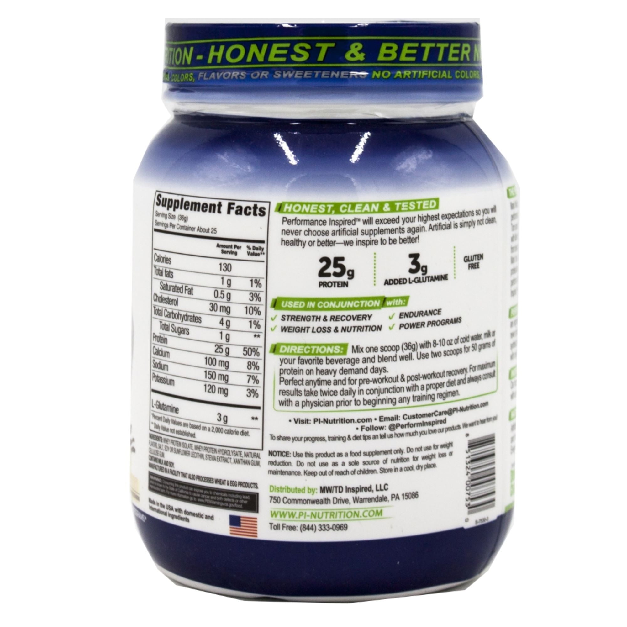 Performance Inspired Nutrition - Isolate Whey Protein Powder - Fast Absorbing & Clean - L-Glutamine - BCAAs - Gourmet Vanilla - 2 lbs