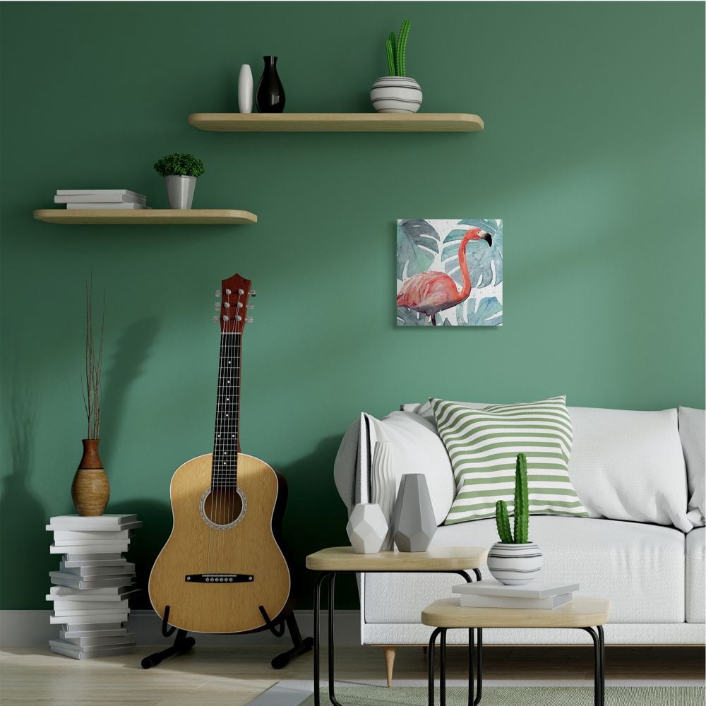 Flamingo Detail over Tropical Monstera Greenery Animals & Insects Gallery-Wrapped Canvas Print Wall Art, 17x17