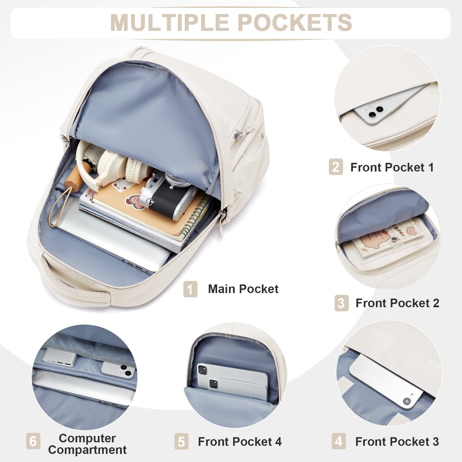 Cute Backpack for Women Men, Waterproof High School Bag Basic Backpack for College Students, Travel Laptop Backpack Lightweight Casual Daypack, Middle School Bookbag, Beige