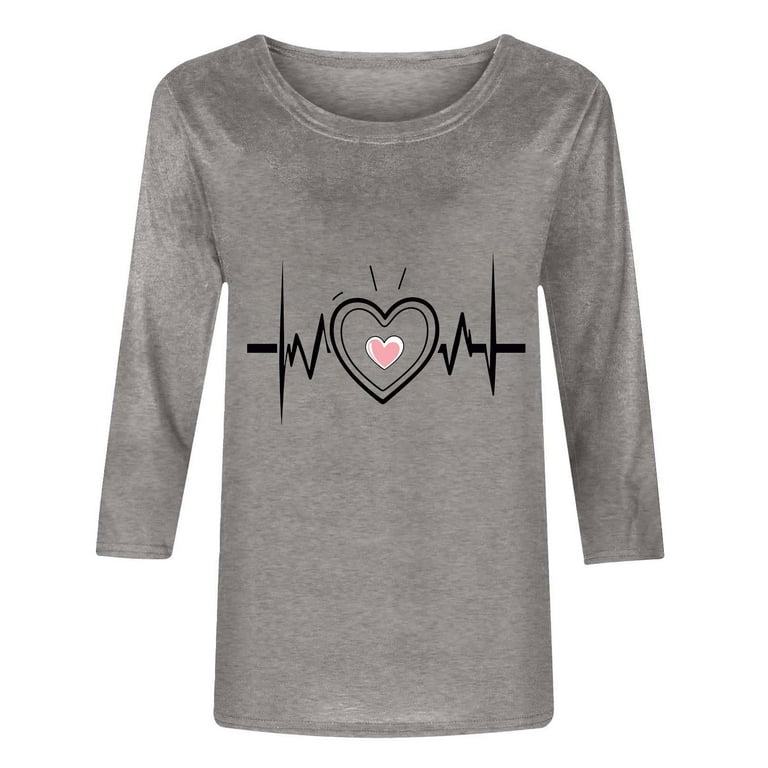 Women's Valentine's Day Sweatshirt - Long Sleeve, Love Heart Print, Round Neck, Grey, Casual Tops
