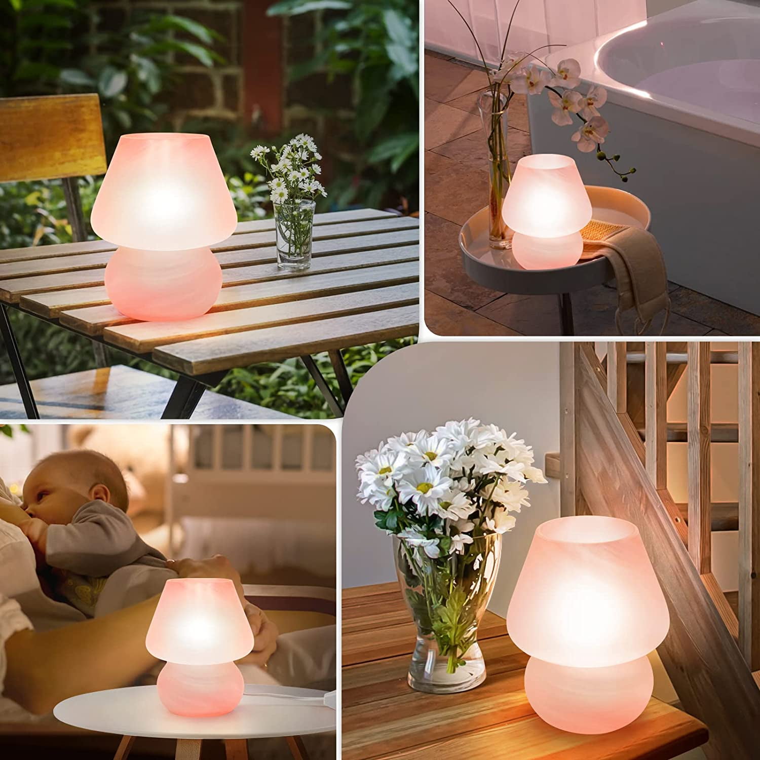 Mushroom Table Lamps Set of 2, Dimmable Glass Bedside Lamp, Cute Small Nightstand Lamp for Living Room, Bedroom, Home Decor, 7.1'' H, Pink