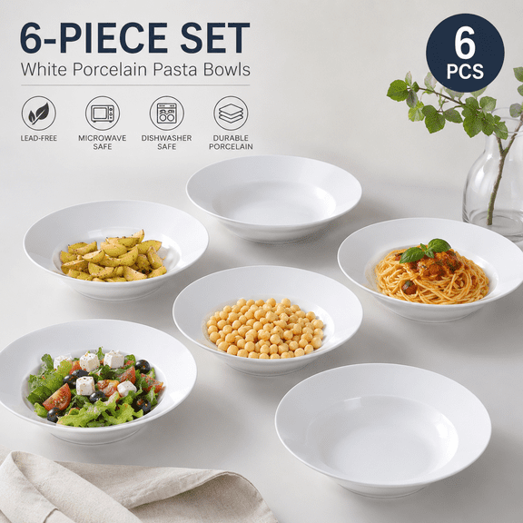 Hendoct 6-Piece 9-Inch Pure White Ceramic Soup Plates, 21oz Deep Round Dinner Plates, Microwave & Dishwasher Safe
