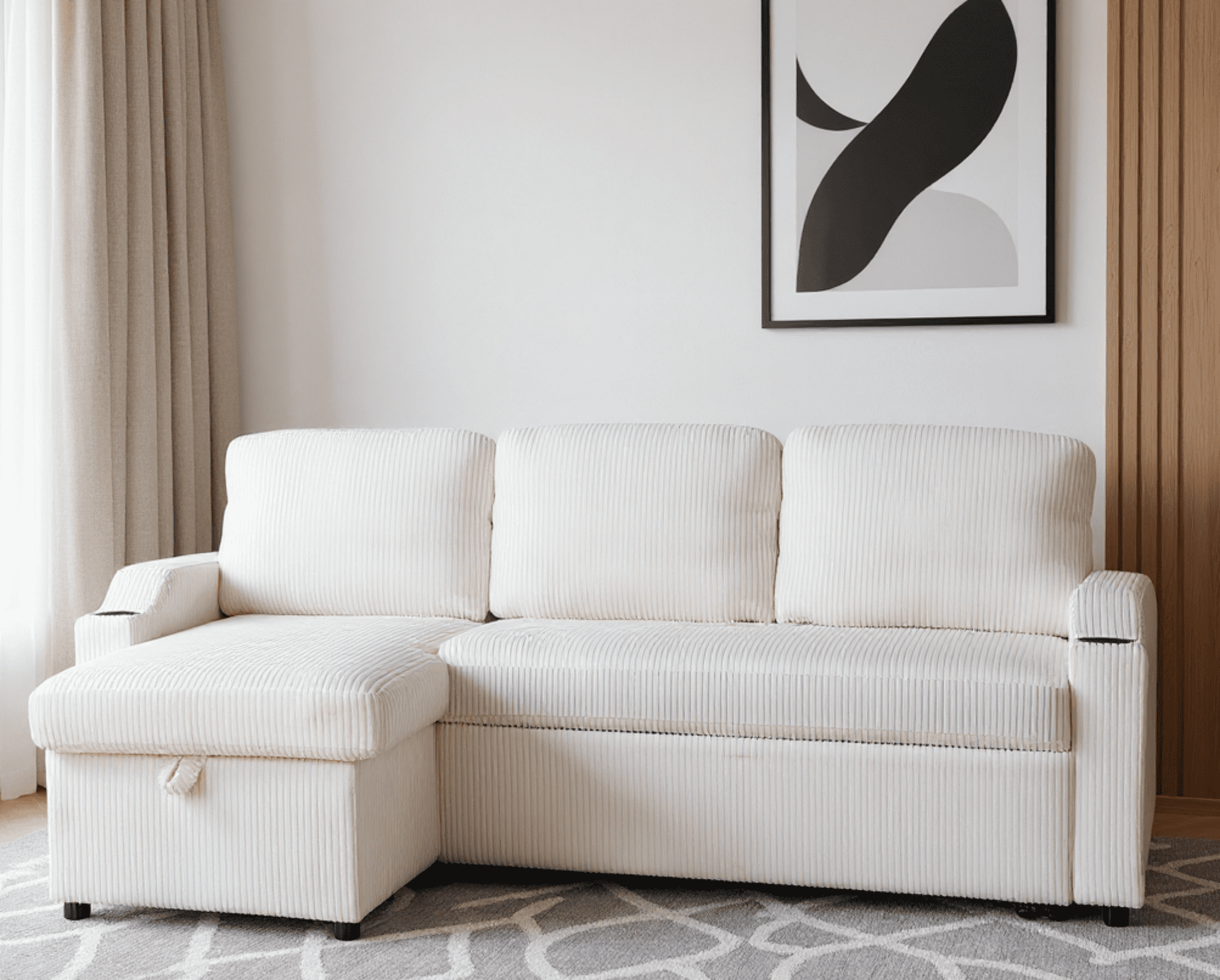 Gewnee Pull Out Sofa Bed,3 In 1 Sleeping and Seating Sofa with Storage Function,with Corduroy Fabric L-shaped Sofa,Suitable for Living Room,Bedroom and Apartment（Beige)