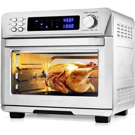 Ovente Air Fryer Toaster Oven, 1700W Digital Stainless Steel Countertop Convection Oven Combo, 26 Qt Large Capacity with Accessories Perfect for Rotisserie & Dehydrator Chicken Pizza, Silver OFD4025BR