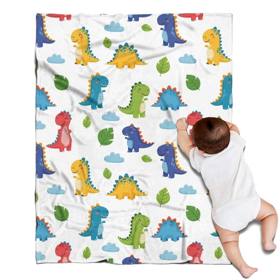 White Dinosaurs Clouds Leaves Pattern Blanket,Comfortable Soft Flannel Throw Blanket,All Season,Warm Lightweight Blankets for Sofa Bed Couch Living Room Chair,30"x40"