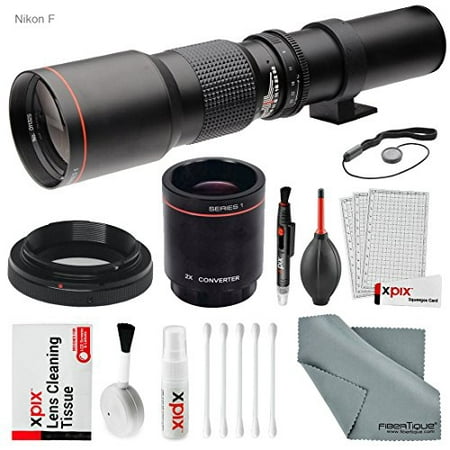 Super-powered 500mm/1000mm f/8.0 Telephoto Lens (Black) with 2X Professional Multiplier for Nikon Digital SLR cameras and Deluxe Accessory Bundle with Xpix Cleaning (Best Super Telephoto Lens For Nikon)