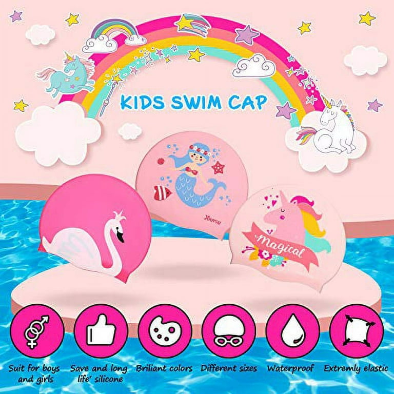 Syhood 3 Pieces Kids Swim Caps Baby Waterproof Bathing Caps Children  Cartoon Swimming Hat for Long and Short Hair Kids Boys Girls Toddler 