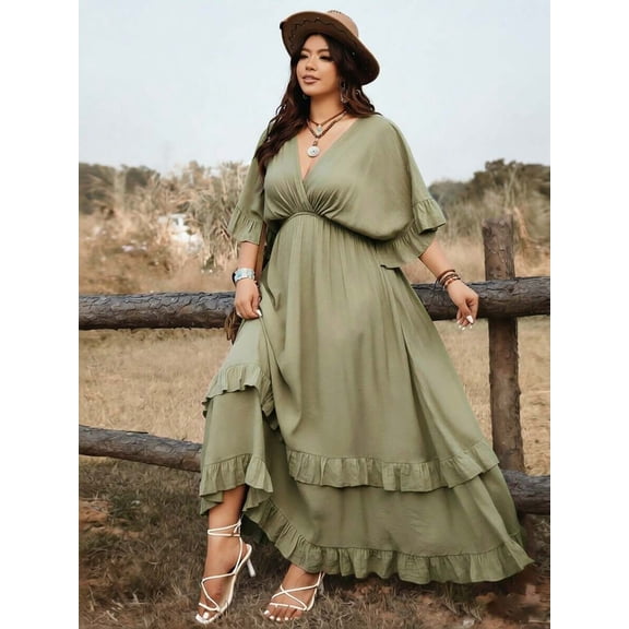 Olive Green Plus Size Casual Vacation Tie Front Ruffle Maxi Dress With V-Neck And Flared Sleeves