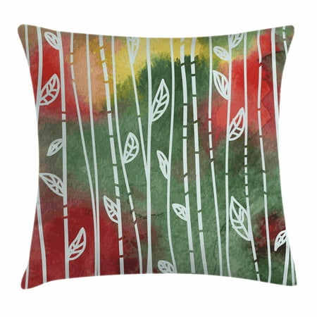 Watercolor Throw Pillow Cushion Cover, Doodle Style Leaves on Stems Grunge Motley Backdrop Dirty Look Exotic, Decorative Square Accent Pillow Case, 16 X 16 Inches, Jade Green Yellow Red, by