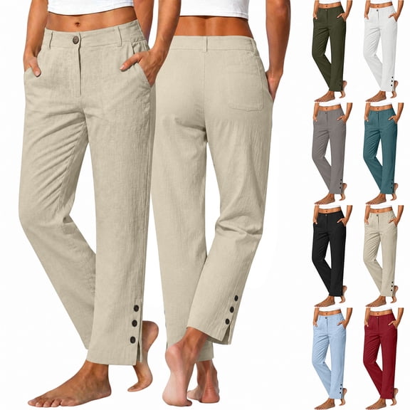 IMENGL Women's Casual Cropped Pants Loose High Waist Elasitc Straight Linen with Pockets Trousers Soft Wide Leg Pant for Womens,M-XXXL