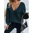thumbnail image 5 of Women Off the Shoulder V Neck Sweater Top Fitted Long Sleeve Shirt Tie Back Sweater Royal Blue M, 5 of 8