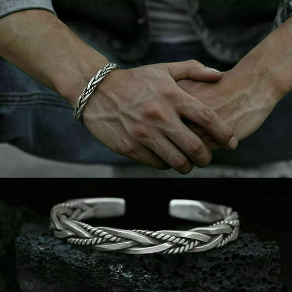 GKNET Vintage Open Bangle 925 Sterling Silver Thai Handmade Twisted Cuff Bracelet Mens