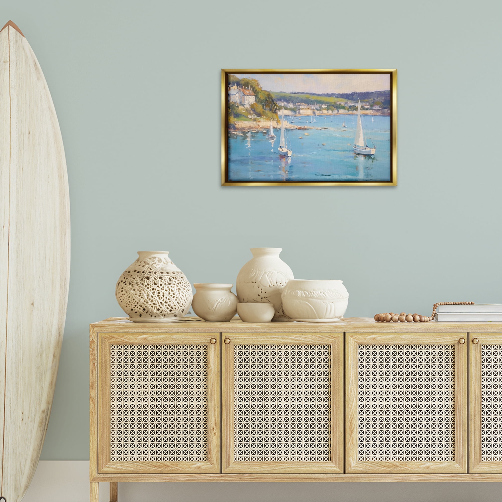 Stupell Industries Sailboats Of The Shore Nautical & Beach Painting Gold Floater Framed Canvas Art Print Wall Art, 25 x 17