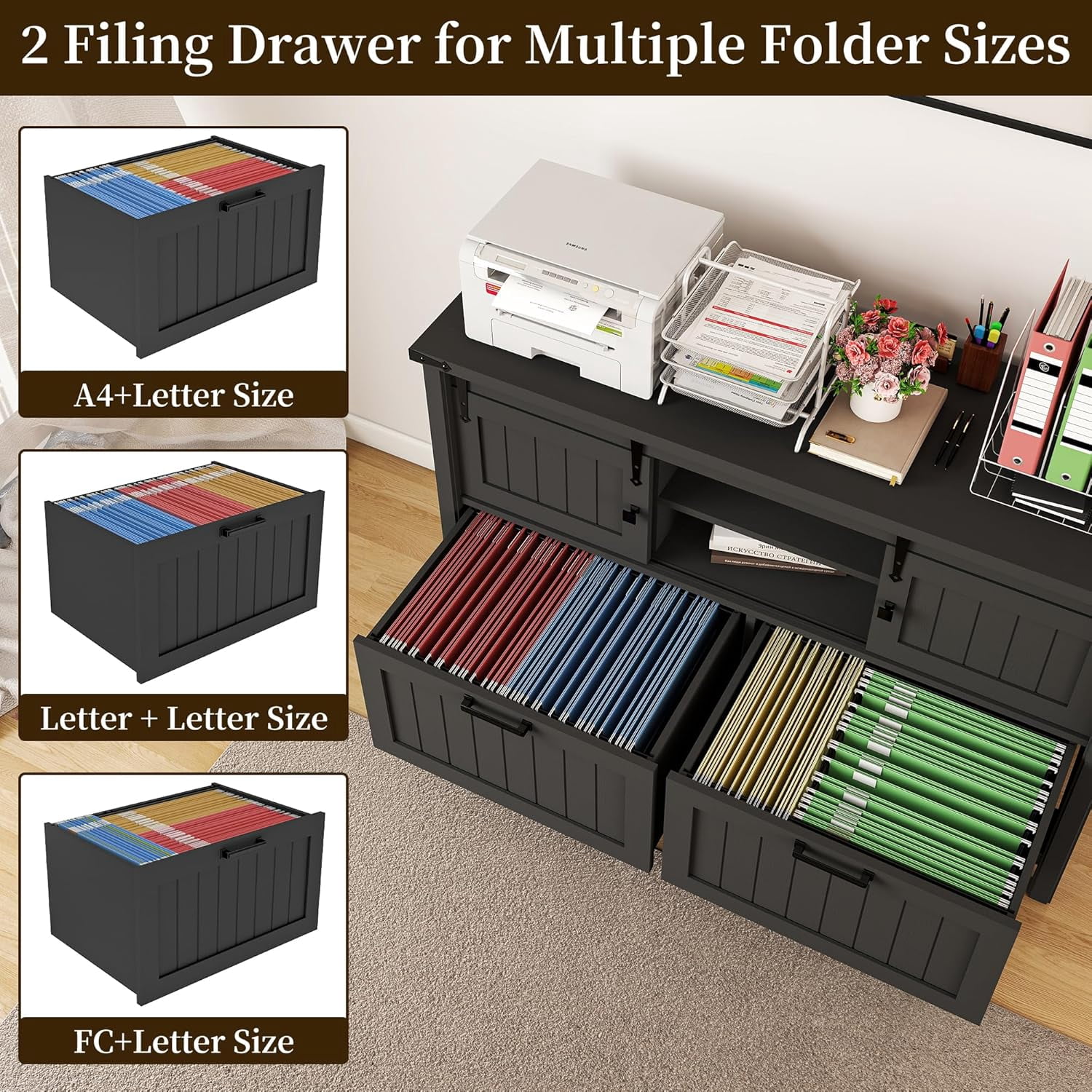 FIAKOA Farmhouse 2-Drawer Lateral File Cabinet, Filing Cabinet with Sliding Doors & Charge Station, Printer Stand Cabinets for Home Office, Black