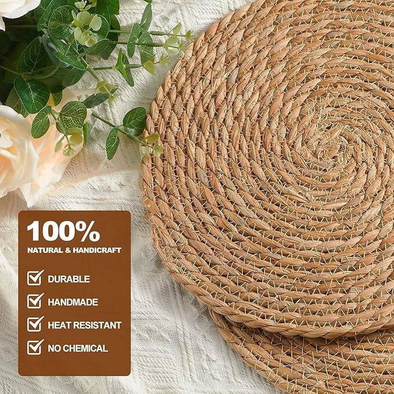Round Woven Placemats 12 inch Set of 4 - Boho Rattan Placemats Natural Water Hyacinth Placemats, Farmhouse Weave Place Mats, Rustic Braided Wicker Table Mats for Dining Table,Home,Wedding