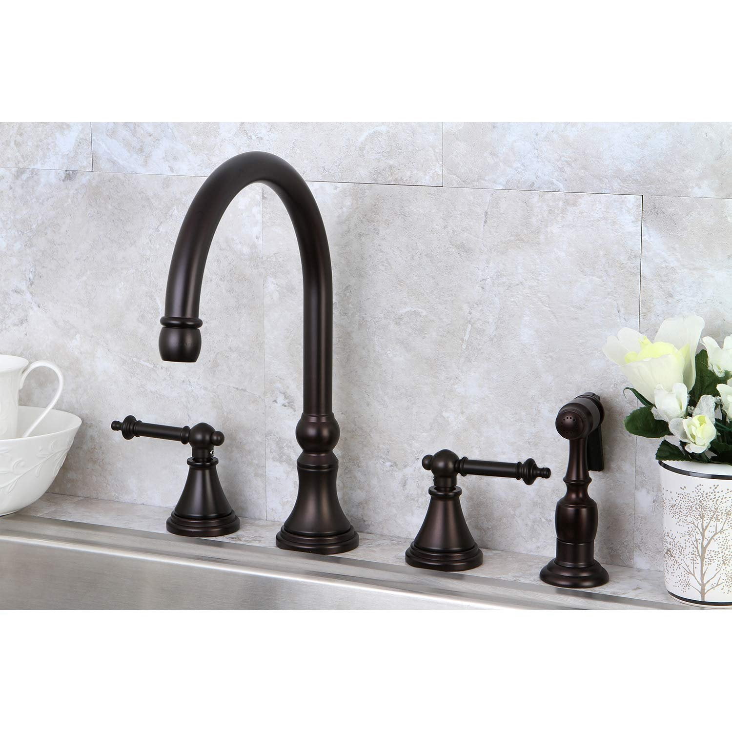 Kingston Brass KS2798TLBS Templeton Widespread Kitchen Faucet – Brushed Nickel, 4-Hole With Side Sprayer, 360° Rotation