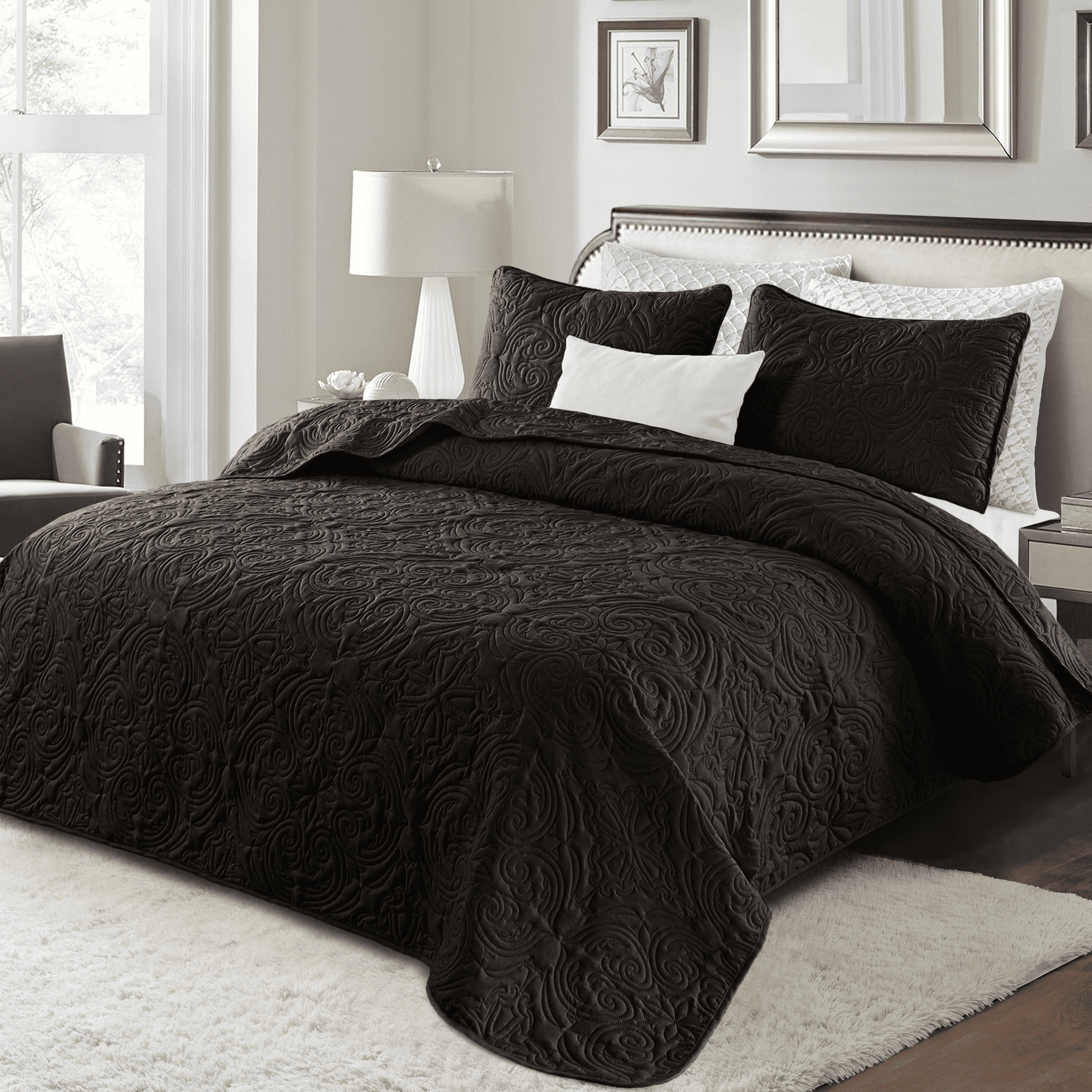 Exclusivo Mezcla Twin Quilt Bedding Set, Lightweight Vintage Twin XL Size Quilts with Pillow Sham, Soft Bedspreads Coverlets for All Seasons (88"x68", Black)