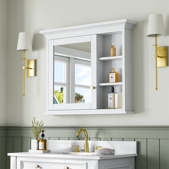 ANGELES HOME 36"x 30" Wall Mount Bathroom Mirror Cabinet, Wood Medicine Cabinet with Mirrors, Solid Wood Mirror Cabinet Storage with 4 Shelves and Soft-Close Door