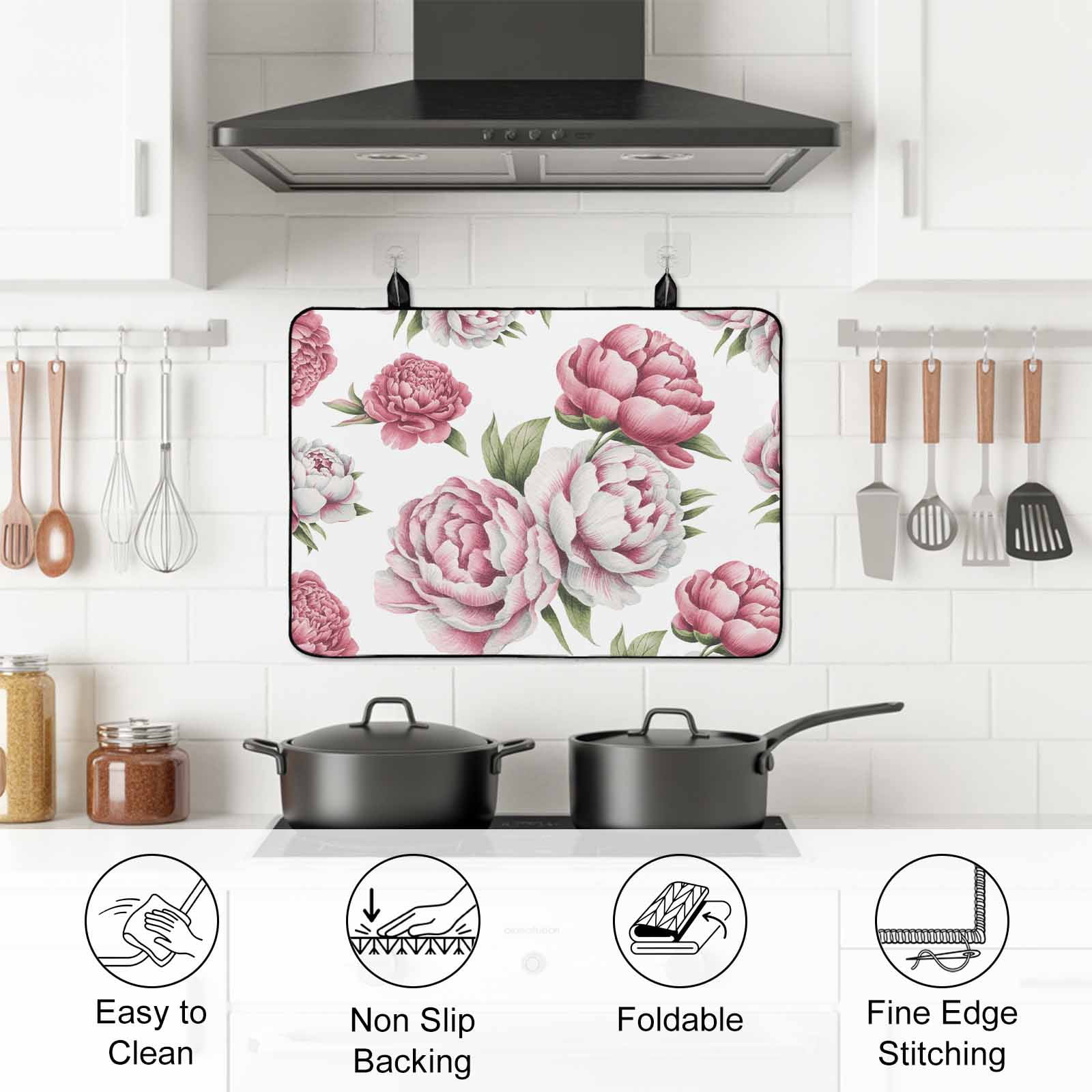 Pink Floral Stove Top Cover for Electric Stove, Heat-proof & Non Slip Glass Top Stove Cover Protector, Spring Summer Modern Flower Leaf Kitchen Flat Cooktop Rubber Mat 24x21 Inches