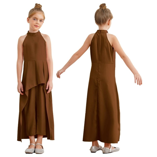 renvena Flare Leg Romper for Girls Ruffle Jumpsuit Pants for Wedding Pageant Party Casual Bell Coffee 8