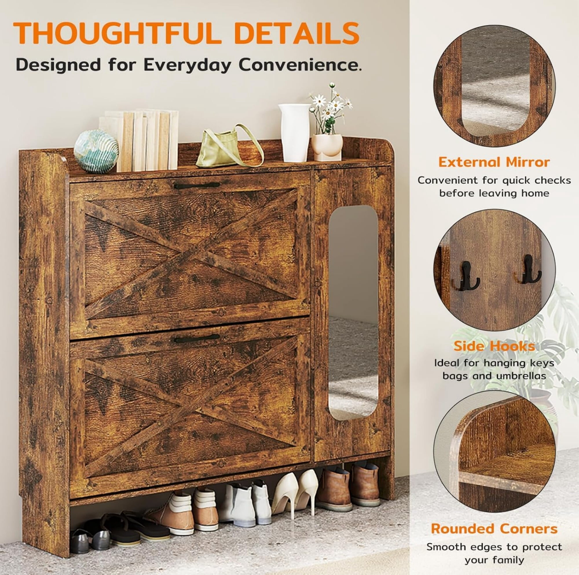 AENKYO Twin Size Bed Frame with 4 Storage Drawers, LED Lights, Charging Station Headboard, Rustic Brown