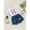 thumbnail image 3 of Bagilaanoe 4th of July Clothes for Toddler Baby Girl Short Sleeve Letter Print T-Shirts Tops + Stars Stripe Denim Shorts 6M 12M 2T 3T 4T 5T Kids Independence Day Outfits 2pcs Short Pants Set, 3 of 9