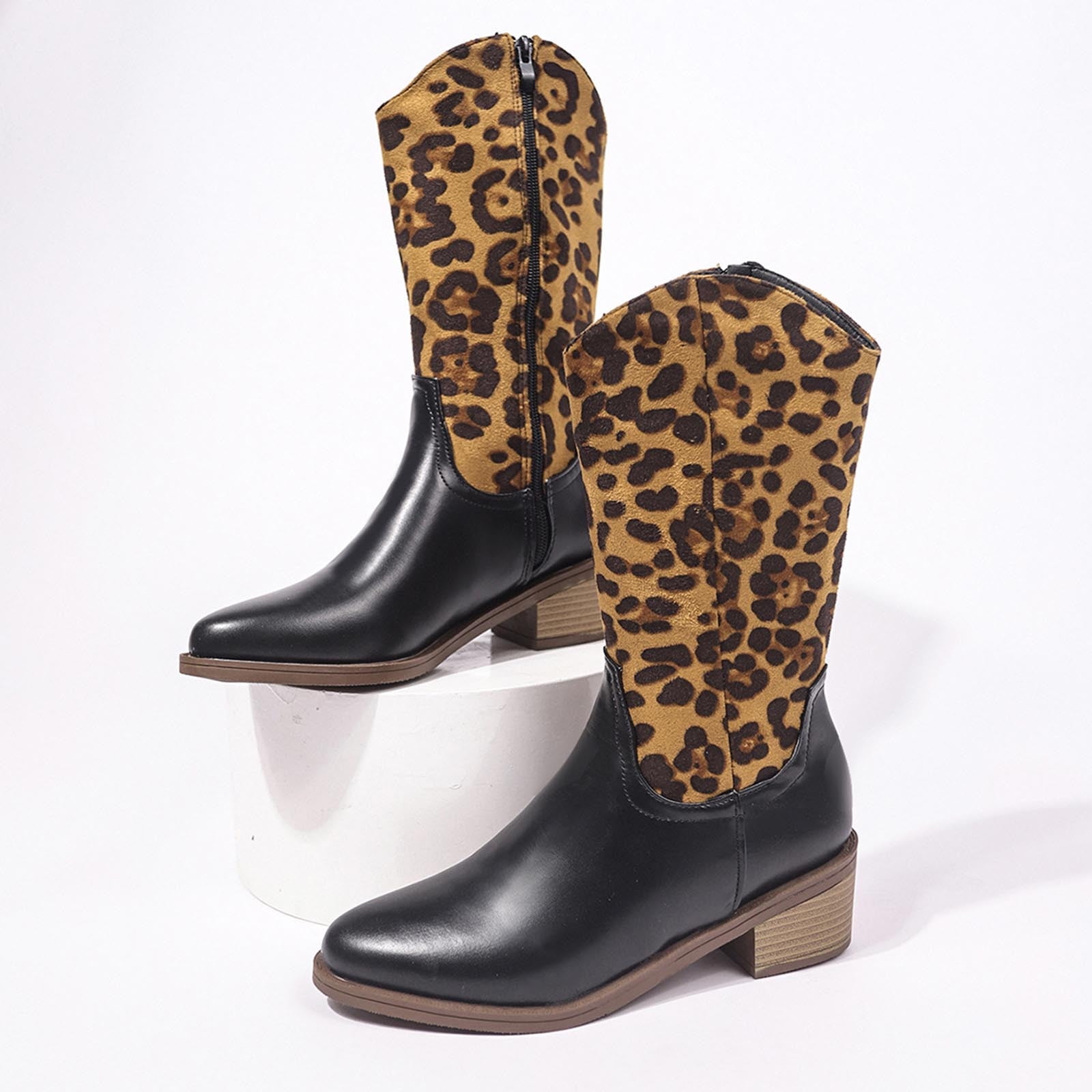 Teacher Appreciation Gifts POROPL Brown Knee High Heel Boots Women Winter Knee High Mid Heel Side Zipper Leopard Print Boots for Lady Size 40(US:7.5)