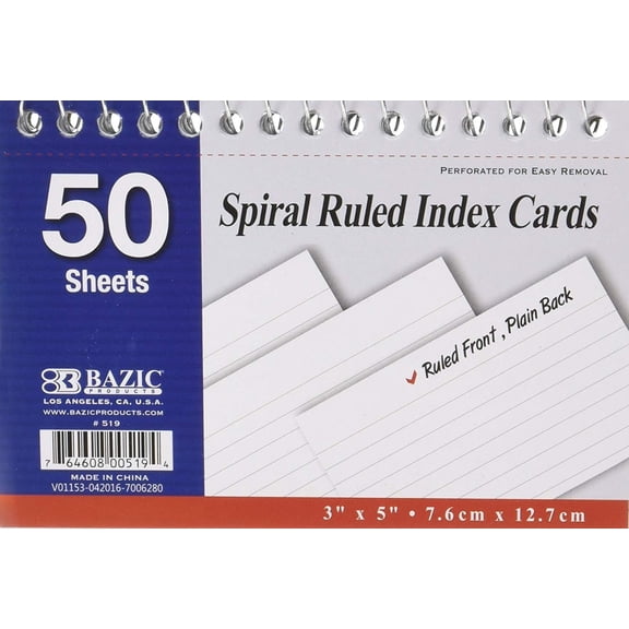 BAZIC Ruled Index Cards Book 3"X5" 50 Count, Ruled Lined White Flashcards