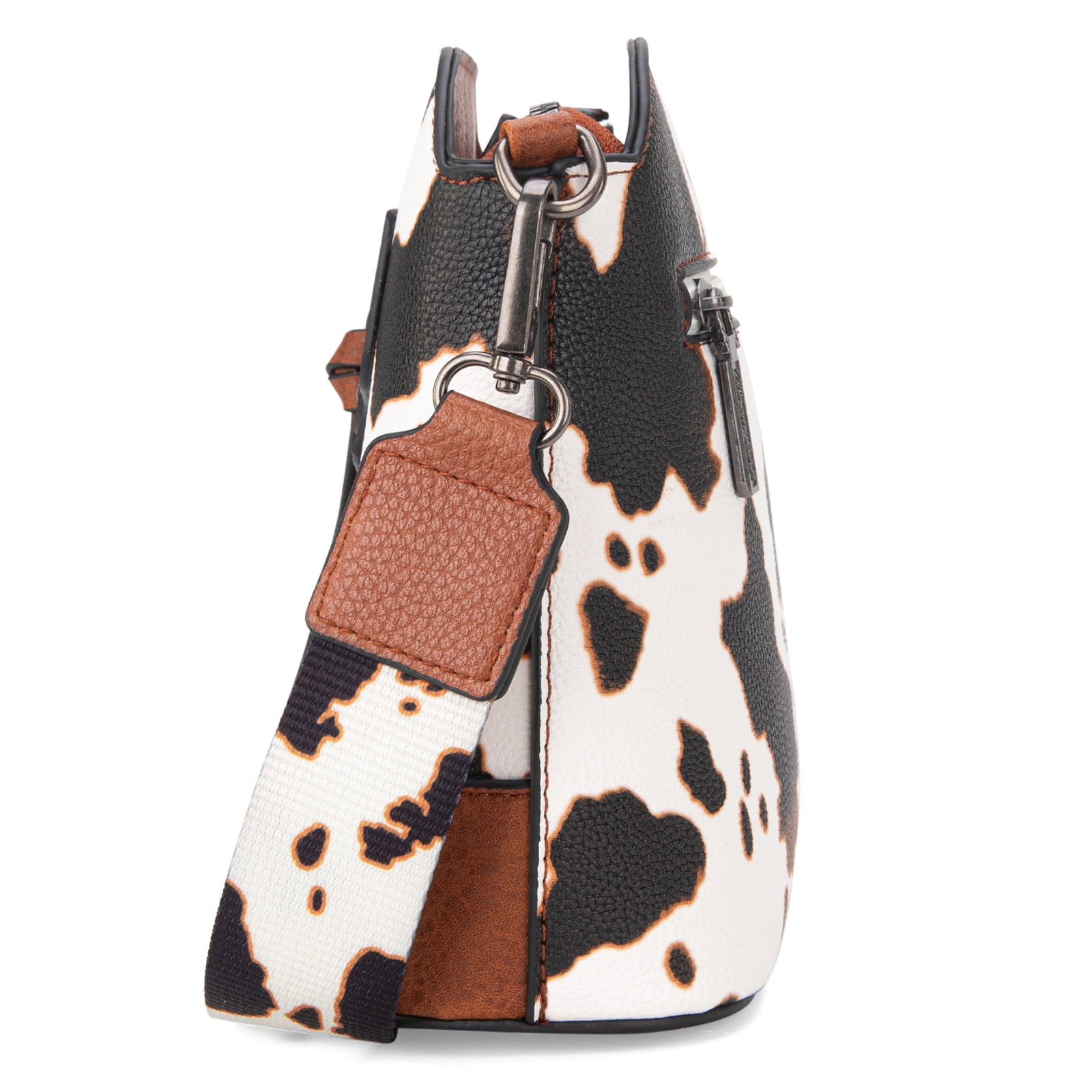 Wrangler Cow Print Crossbody Bag for Women Western Cross Body Purse with Signature Strap, Brown