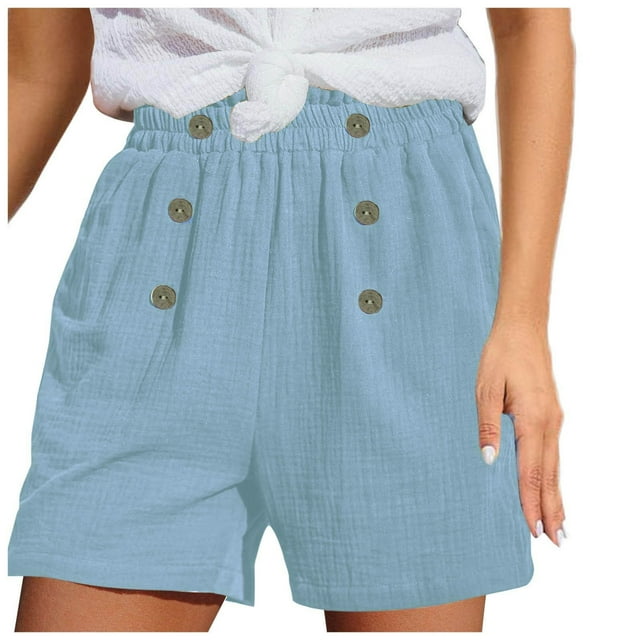 Plebaso Shorts for Women Summer Casual Elastic Waist Shorts Solid Color Lightweight Shorts with Button