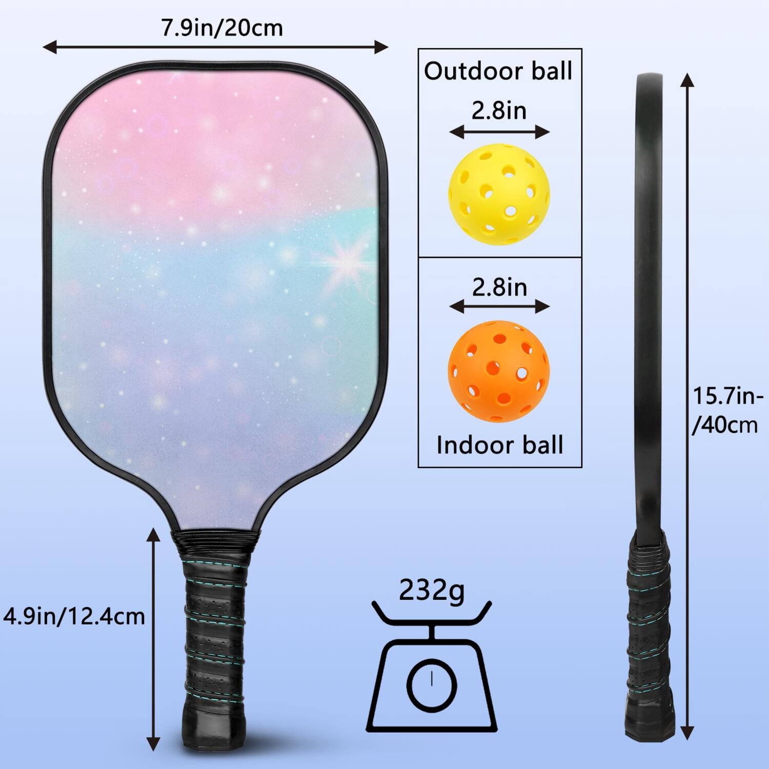 Pickleball Paddles Set Of 2, Fiberglass Surface, Dreamy Cloud Print, 4 Balls & Bag