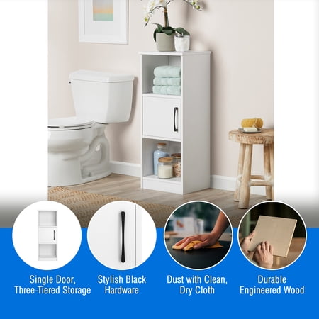 MAINSTAYS ARDENT 3 TIER STORAGE TOWER WITH DOOR AND OPEN SHELVES IN WHITE