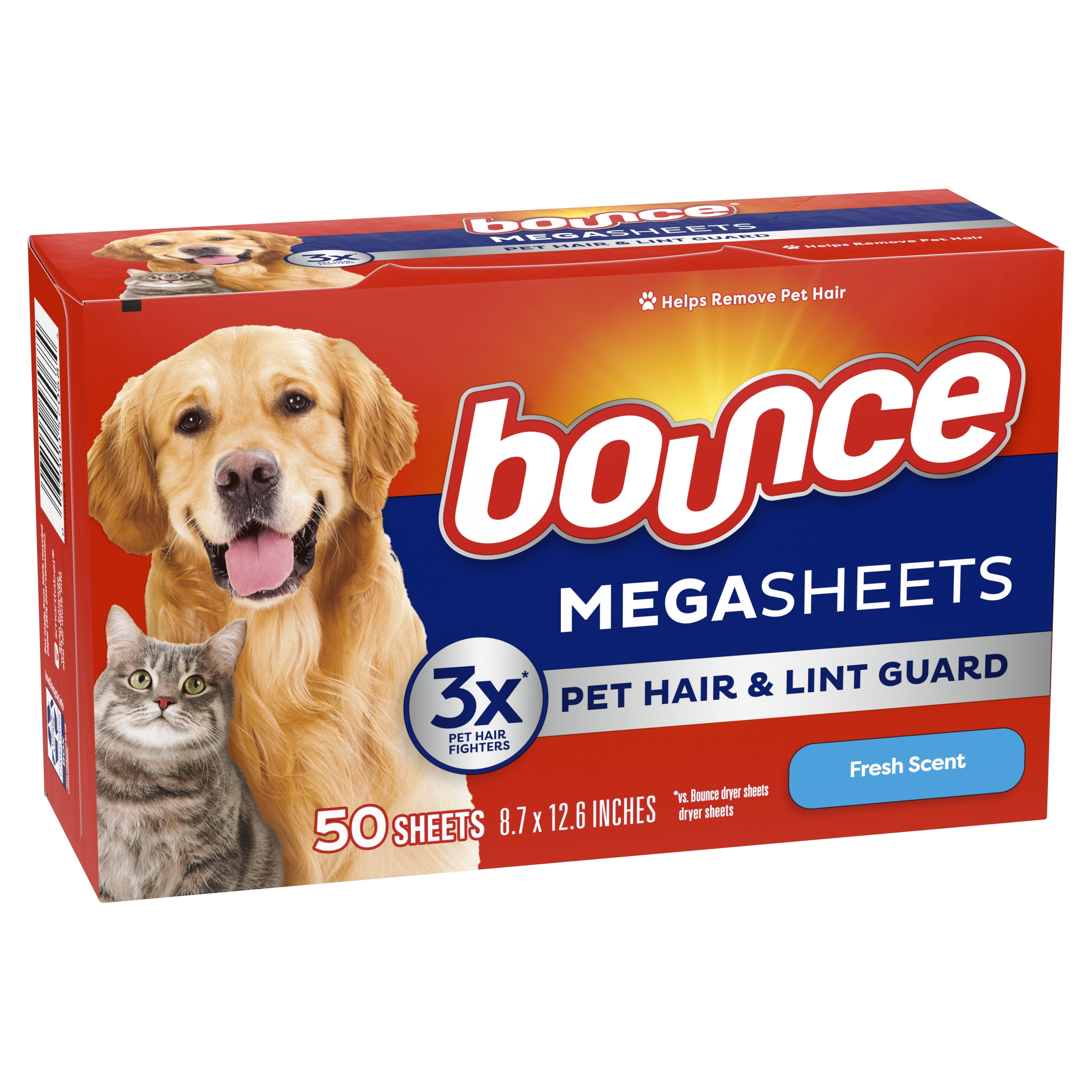 Bounce Dryer Sheets, Pet Hair and Lint Guard, Fresh Scent, 50 Mega Dryer Sheets