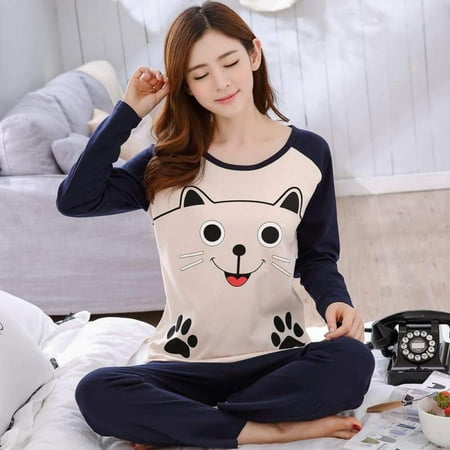 

Saient Cartoon Printed Sleepwear Set Long Sleeve Women Pajamas Set Soft Loose Home Clothes