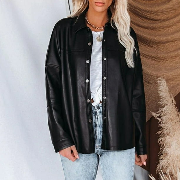 Chaqueta tipo camisa de cuero sintético para mujer, abrigo largo con botones, ropa de calle de otoño Ygjytge Negro T XL para Mujer