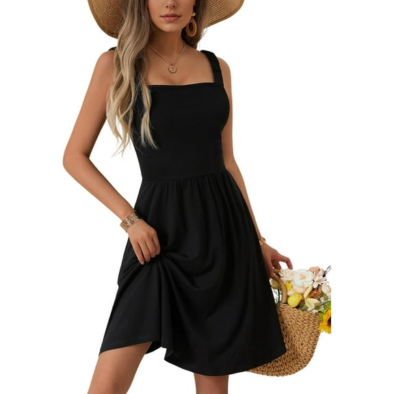 Women's 2025 New Summer Casual Square Neck Dress with Pocket Cute Sleeveless High Waist A-line Sundress Midi Dresses