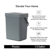 EKO Compost Caddy Kitchen Trash Can, 1.3 Gallon Plastic Rectangular Wall Mount with Lid Garbage Bin, Gray