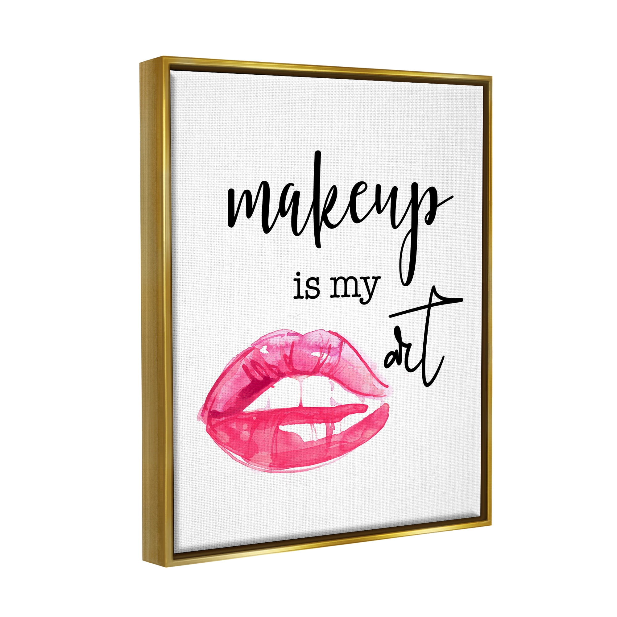Stupell Industries Makeup Is My Art Glam Lips Typography Style Graphic Art Metallic Gold Floating Framed Canvas Print Wall Art, Design by Daniela Santiago